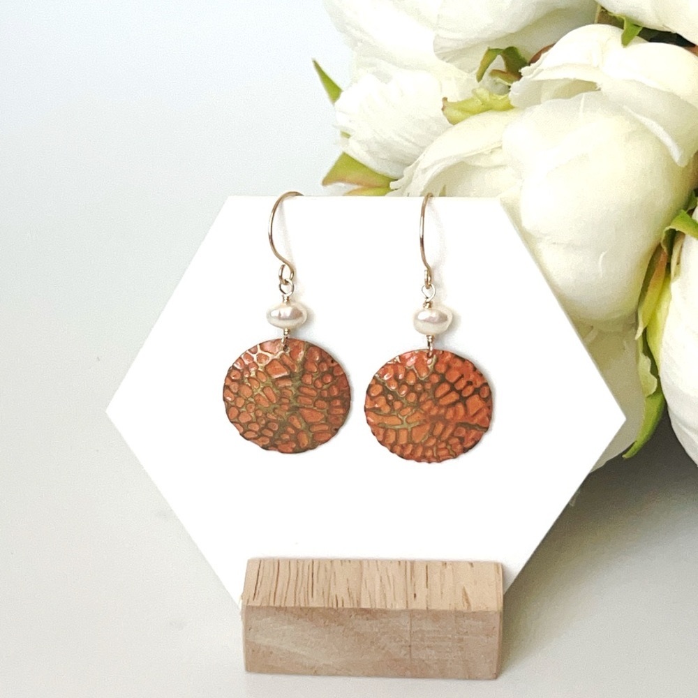 Orange Coral Hand painted Freshwater Pearl Dangle Earrings